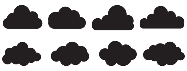 Black cloud silhouette icon set with various cloud shapes for weather apps, forecasts, UI design, backgrounds, and minimalist flat vector graphics © Top