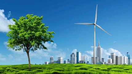 Green Energy Landscape with Tree and Wind Turbine Against a City Skyline Under Clear Blue Sky