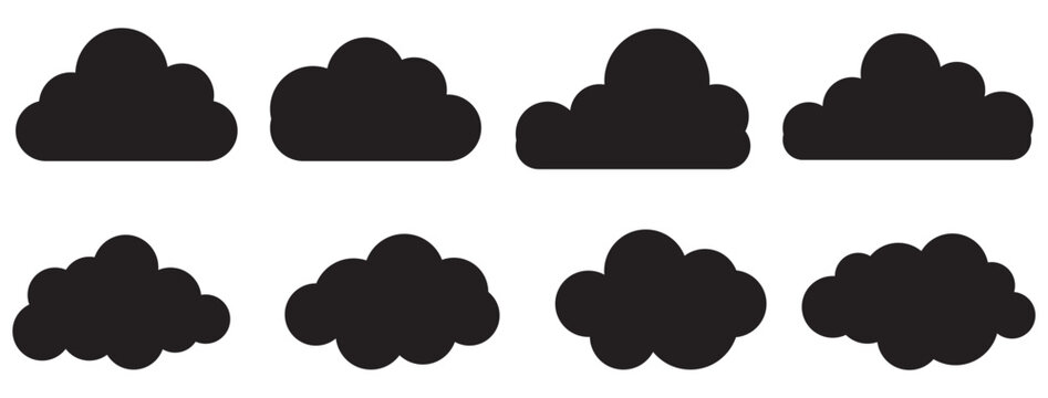 Black cloud silhouette icon set with various cloud shapes for weather apps, forecasts, UI design, backgrounds, and minimalist flat vector graphics