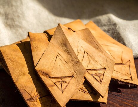 Close-up of a piece of tanned leather with a 461010 rjF code on it