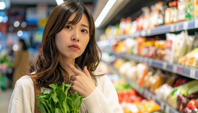スーパーの売り場で、値段の高さに困惑しながら、どうしようか悩んでいる買い物中の女性。Generative AI. Adobe Firefly.