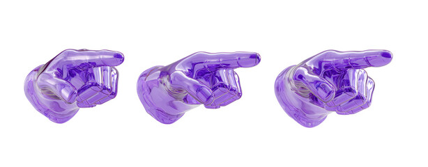 Fototapeta premium Three Transparent Purple Hand Sculptures Pointing in Unison on White Background