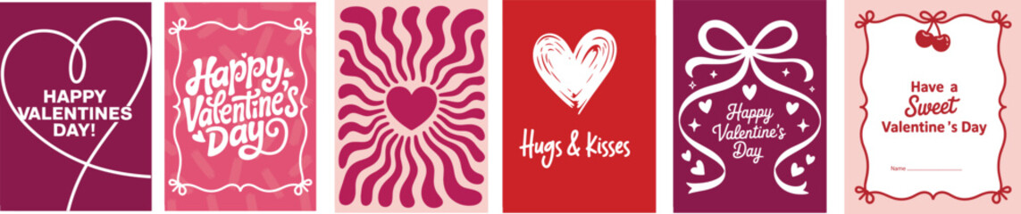 Collection of six diverse Valentines Day card designs featuring hearts, bows, cherries, and romantic sentiments