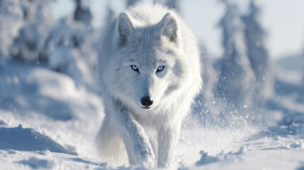 Naklejka premium A majestic white wolf walking through the snow. The wolf has piercing blue eyes and fluffy white fur. The background is blurred with trees