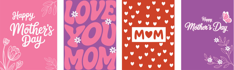 Collection of four vibrant Mothers Day greeting card designs featuring diverse typography, hearts, and flowers