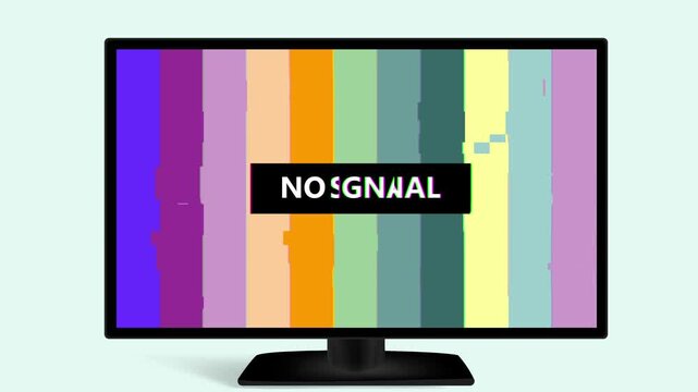 Modern tv monitor displaying colorful vertical bars and 'no signal' message for technical difficulties