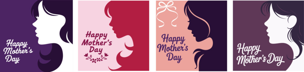 Four elegant Mothers Day cards featuring womens profiles and heartfelt greetings in varying styles