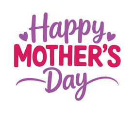 Elegant purple and pink typography wishes a Happy Mothers Day surrounded by small decorative hearts