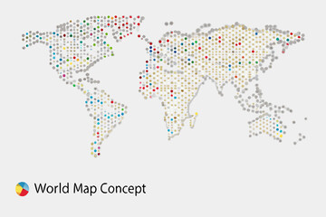 Obraz premium A colorful world map constructed from numerous small scattered dots