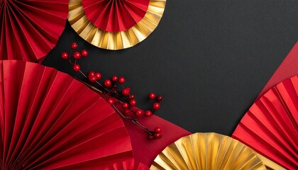 Abstract Happy Chinese New Year background, geometric layered shapes in red, gold and black, modern festive layout, minimal oriental design, copy space