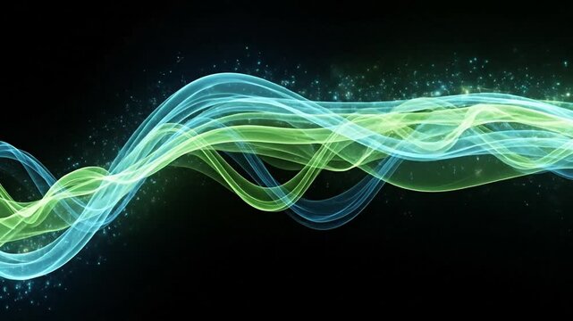 Abstract Waves of Energy: Swirling ribbons of light in shades of teal and chartreuse gracefully dance against a dark background, representing energy flow and technological innovation.