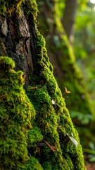 Close-up of tree bark covered in lush, vibrant green moss