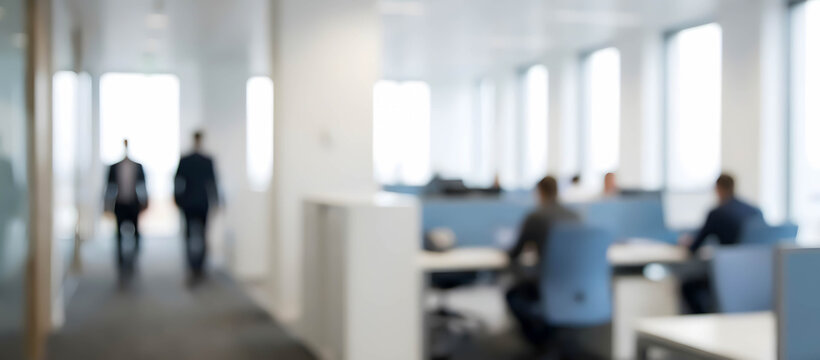 Two professionals walk through a modern office environment filled with cubicles and desks. Natural light floods the space from large windows, enhancing productivity.