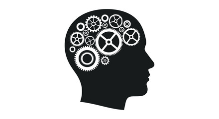A stylized black silhouette of a human head contains numerous interlocking white gears symbolizing thought processes high quality