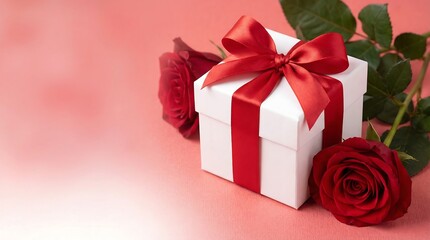 Obraz premium A white gift box with a red ribbon is adorned with vibrant red roses and green leaves