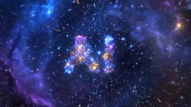 Glowing AI text symbol formed by cosmic nebula clouds in deep starry space