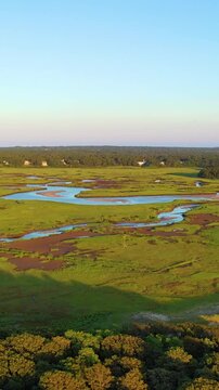 Vertical drone aerial over Cape Cod salt marsh, sweeping tidal creeks and lush wetlands glowing at golden hour. Portrait-format New England landscape, calm and cinematic 4K b-roll.