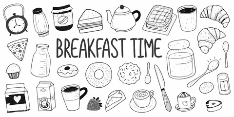 A hand drawn collection of breakfast items and related objects