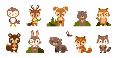 Fototapeta premium Cute cartoon animal illustrations featuring a penguin deer and various mammals