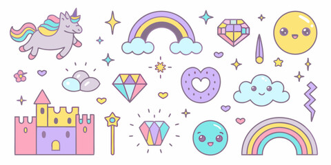 Fototapeta premium A collection of pastel colored whimsical illustrations unicorns rainbows and more