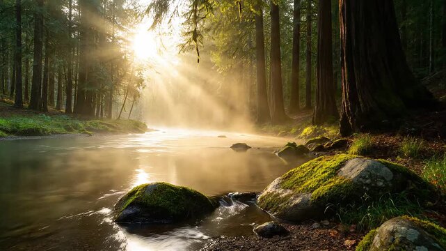 Peaceful forest river stream flowing through misty woods with morning sunbeams and mossy rocks