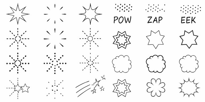 Collection of comic book explosion and starburst effects in black and white