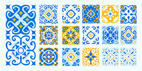 Collection of vibrant portuguese azulejo ceramic tiles in repeating patterns © Sourav