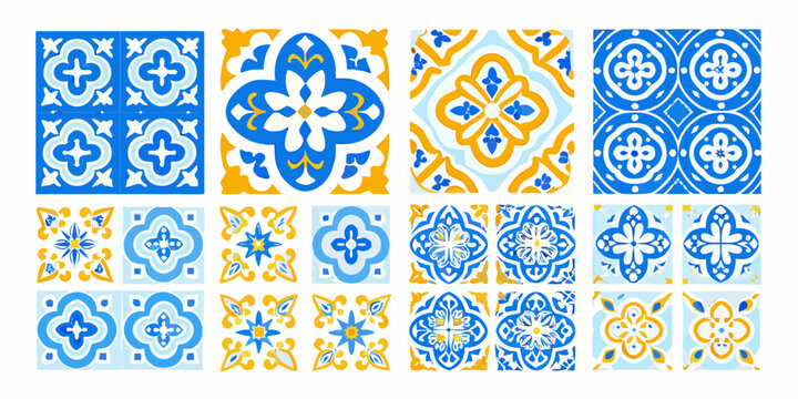 Seamless pattern of ornate portuguese azulejo ceramic tiles in blue and gold
