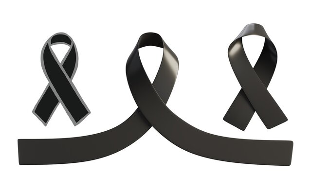 Set of three black mourning ribbon icons, minimal and clean design, symbol of grief, remembrance, and loss, suitable for memorial, obituary, awareness, and condolence visuals.