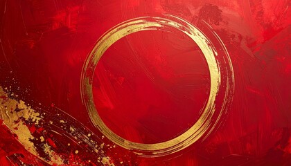 Abstract Happy Chinese New Year background, circular gold brush strokes on rich red background, minimal Asian inspired design, elegant festive atmosphere, high resolution