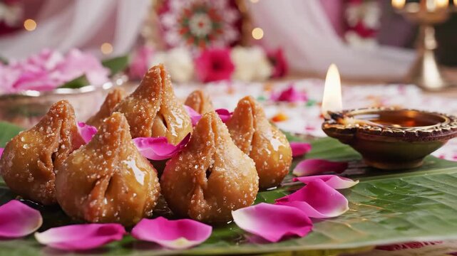 Traditional Indian Gujiya Dessert Served During Festive Celebrations with Floral Decorations and Oil Lamp