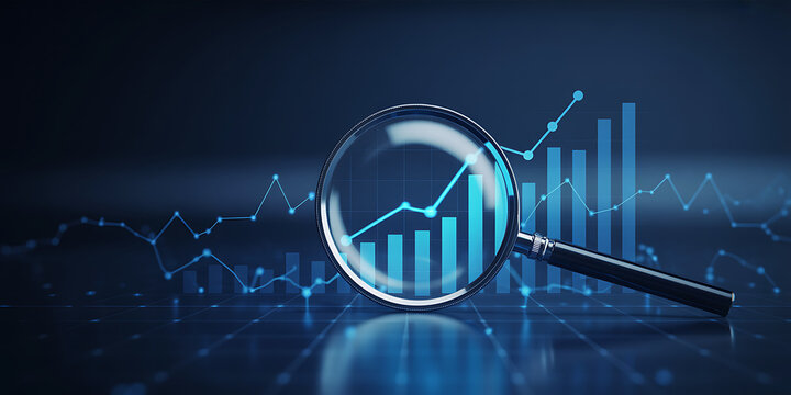 Magnifying glass analyzing business data with graphs and charts