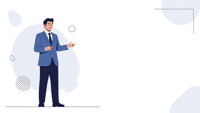 Businessman in a suit presenting with open hands, modern flat illustration