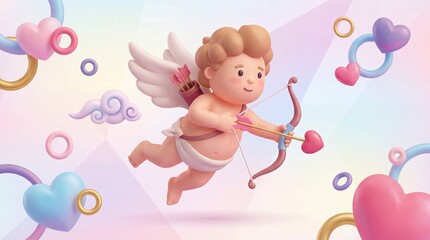 Fototapeta premium Love's Messenger: A cherubic Cupid, arrow poised, floats amidst a whimsical tableau of hearts and pastel hues. Evoking a sense of tenderness and the magic of affection.