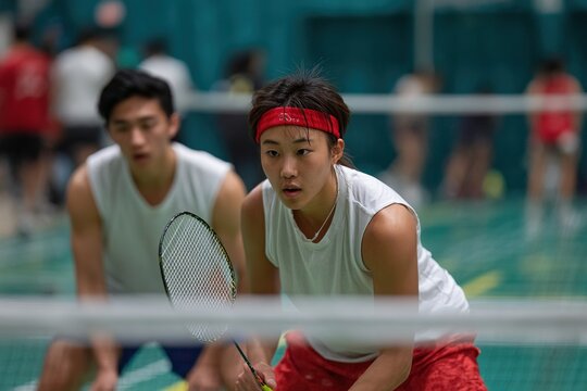Doubles Badminton Players in Ready Position on Indoor Court,  conveying teamwork, athletic intensity, and competitive spirit. Ideal for fitness branding, sports event visuals.