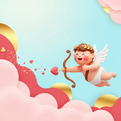 Fototapeta premium Sweetheart's Arrow: A charming illustration of Cupid, the cherubic embodiment of love, fires an arrow toward a romantic backdrop. This scene encapsulates the essence of affection and fondness.