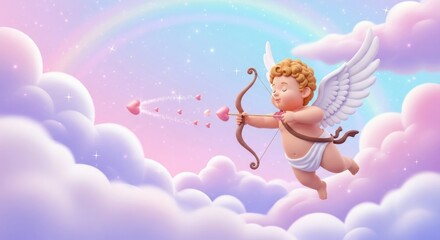 Fototapeta premium Cherubic Cupid's Aim: A whimsical cherub with delicate wings and a charming bow, shooting heart-shaped arrows amidst fluffy clouds and a rainbow, representing the magic of love and affection.