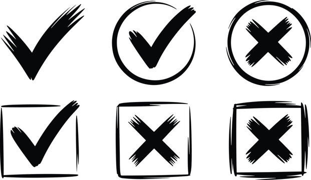 Set of Checkmarks and Crosses in Various Shapes