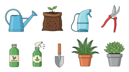 Fototapeta premium A diverse set of gardening essentials and live potted plants for cultivating a thriving home garden ideal for instructional guides landscaping projects or horticulture education