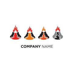 Four stylized volcano logos with different color schemes and fire elements, representing a company name. © alexsa