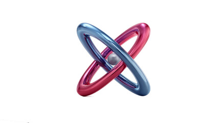 Abstract Intertwined Metallic Rings in Blue and Pink on White Background