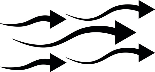 Air flow. Set of black arrow showing air or wind flow. Wind direction arrows. Black cold fresh stream from the conditioner. Air flow. Set of black arrow showing air or wind flow eps 10