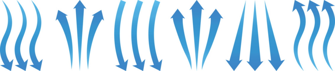 Air flow arrows set. airflow and ventilation, climate control, air direction circulation motion and strength signs. air direction signs. Air conditioning arrows. 
