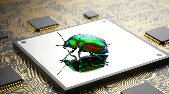 Green beetle insect on a computer chip symbolizing a software bug.