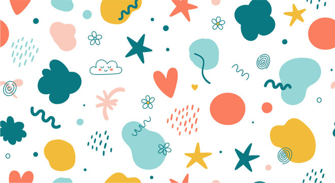A vibrant and playful seamless pattern featuring various hand-drawn abstract shapes, stars, hearts, and squiggles in pastel colors on a white background, perfect for creative designs.