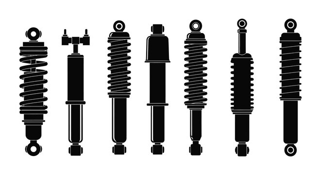 A black silhouette illustration depicts various automotive shock absorbers and strut assemblies in a row high quality professional