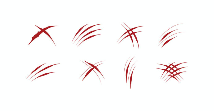 Set of realistic red beast claw scratches, wild animal slash marks, and monster rip wounds isolated on white