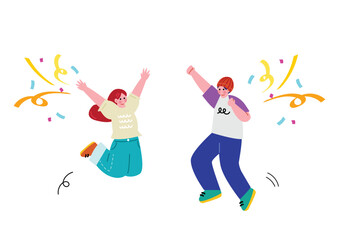 ジャンプして喜ぶ若い男女