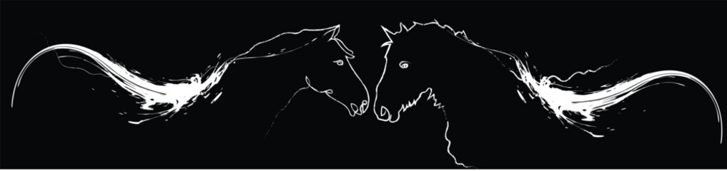 line art of  two horse horse vector in romantic mode 