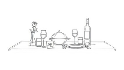 Romantic Dinner Table Setting with Wine and Rose Sketch